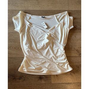 Express Body Contour Collection Crossover Ivory Ruched Top Shirt XL NWT